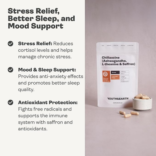 Youth & Earth CHILLAXCINE Supplement - 335mg Ashwagandha High Strength, L theanine & Saffron Supplement for Anxiety Relief, Better Sleep & Chronic Stress Support | 60 Capsules