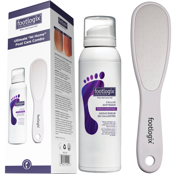 Footlogix Foot Care Callus Softner Combo - Callus Remover Spray & Double-Sided Foot File for Dry, Cracked Heels, Pedicure Tools for Feet, Foot Exfoliator