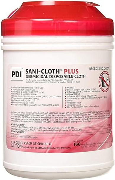 PDI Sani-Cloth Plus Germicidal Cloth, Pack of 160, 6" x 6-3/4" Large Wipes