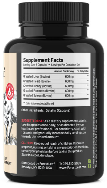 ForestLeaf Beef Organ Supplement - Grass Fed & Pasture Raised - Total Body Wellness & Performance, Organ Complex with 3000mg of Desiccated Beef Liver Heart Kidney Pancreas Spleen (180 Capsules)