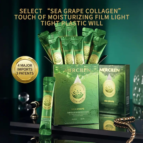 Mercilen Collagen Sea Grape Moisturizing Mask 6g, Pack of 10 - Hypoallergenic Pre-Makeup Cream for Brightening and Hydrating Skin, Pre-Makeup Mask