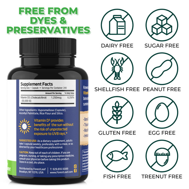 ForestLeaf Vitamin D3 50000 IU - Bone Health and Immune Support Supplements for Women and Men 240 Vegetable Capsules