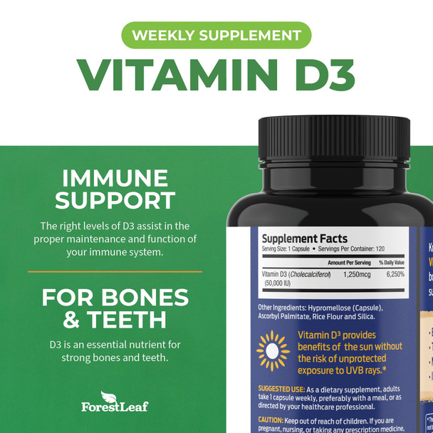 ForestLeaf Vitamin D3 50000 IU - Bone Health and Immune Support Supplements for Women and Men 120 Vegetable Capsules