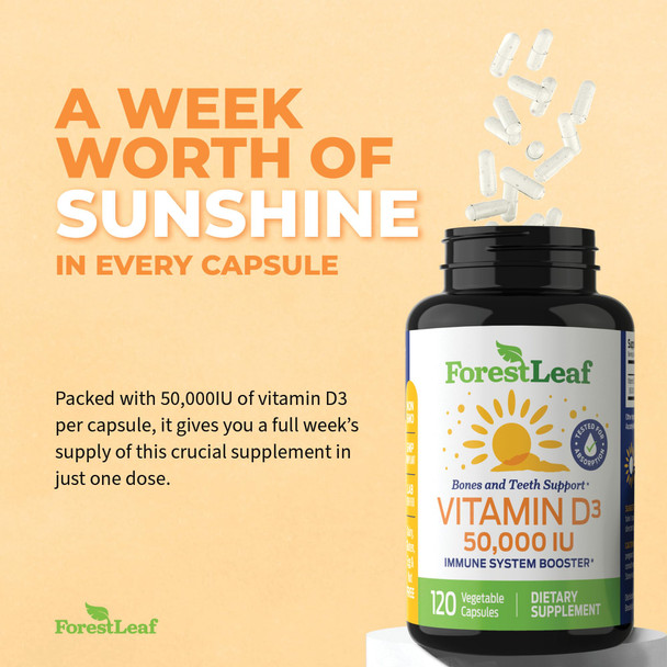 ForestLeaf Vitamin D3 50000 IU - Bone Health and Immune Support Supplements for Women and Men 120 Vegetable Capsules