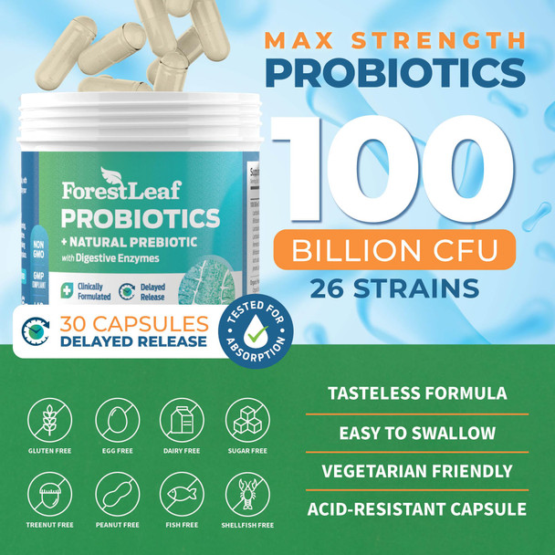 ForestLeaf Probiotics for Men and Women 100 Billion CFU 26 Unique Strains Men's and Women's Probiotic and Prebiotics Support Digestive Health Gut Wellness Energy Mood Immune PH Balance (30 Caps)