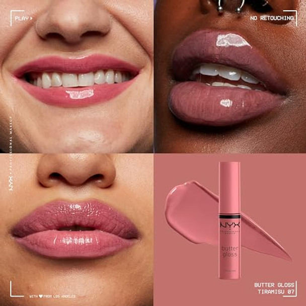 Nyx Professional Makeup butter Gloss Non-Sticky Lip Gloss - Tiramisu (Brown) & Slim Lip Pencil Long-Lasting Creamy Lip Liner - Espresso