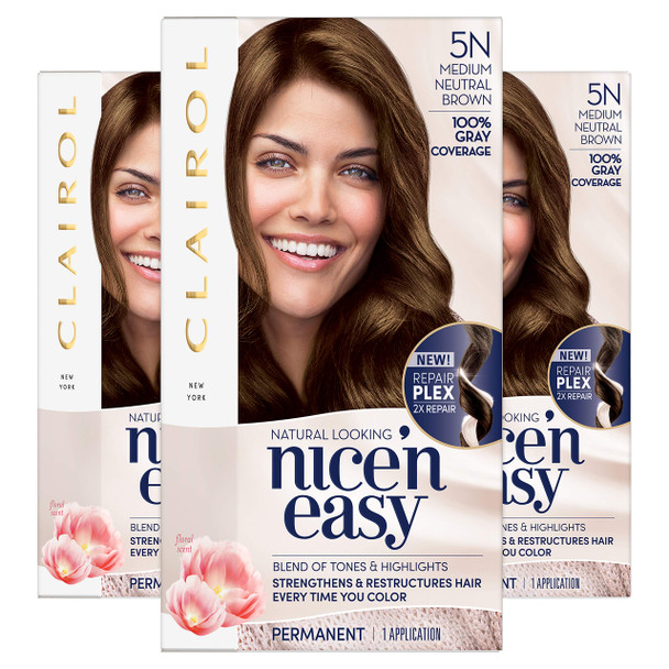 Clairol Nice'n Easy Permanent Hair Color, 5N Medium Neutral Brown, Pack of 3