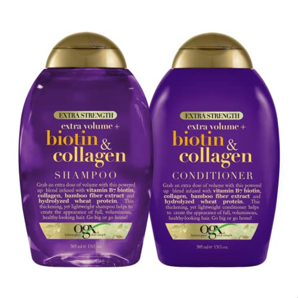 Ogx Thick & Full + Biotin & Collagen Extra Strength Volumizing Shampoo & Conditioner With Vitamin B7 & Hydrolyzed Wheat Protein For Fine Hair. Sulfate- Surfactants For Fuller Hair 13 Fl Oz