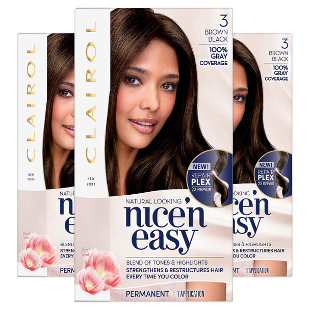 Clairol Nice'n Easy Permanent Hair Color, 3 Brown Black, Pack of 3