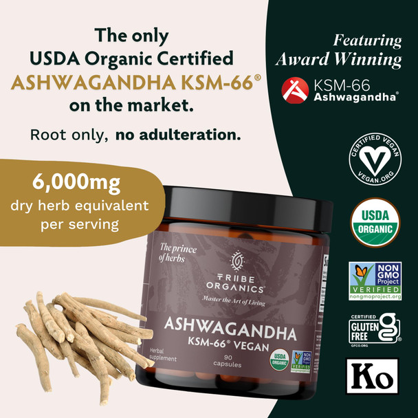 TRIBE ORGANICS Vegan Ashwagandha KSM 66 Pure Organic Root Powder Extract Ayurvedic Supplement 90 Capsules