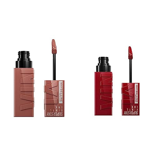 Maybelline Super Stay Vinyl Ink Longwear No-Budge Liquid Lipcolor Makeup Bundle With Cranberry Red 0.14 Fl Oz And Nude 0.14 Fl Oz