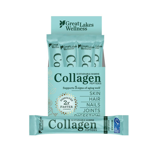 Great Lakes Wellness Sustainable Marine Collagen Peptides Powder for Skin, Hair, Nails, Joints & Digestion - Unflavored 20 sticks