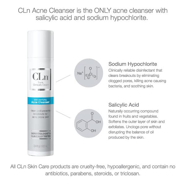 CLn® Acne Cleanser-Facial Cleanser with 0.5% Salicylic Acid to Eliminate Blackheads & Breakouts Oil-Free & Fragrance-Free 3.4 fl oz