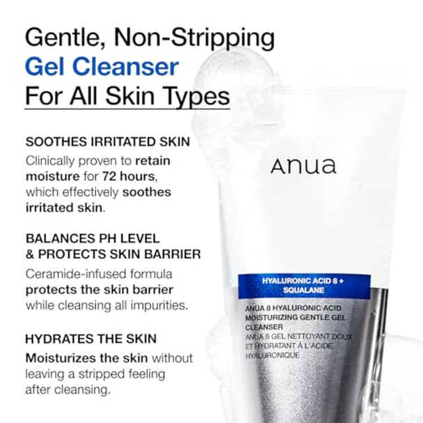 Anua Moisturizing Gentle Gel Cleanser Hyaluronic Acid Squalane Ceramide Foaming Facial Korean Cleanser Ph Balance Daily Hydrating Face Wash Korean Skincare (150Ml/5.07Fl Oz.)