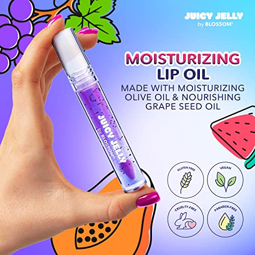 Blossom Juicy Jelly Moisturizing Lip Care Fruit Flavored Nourishing Lip Oil + Ph Technology Custom Color Changing Strawberry Crystal Lip Balm 2 Pack Bundle Grape/Purple