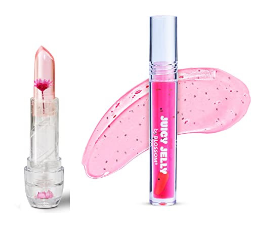 Blossom Juicy Jelly Moisturizing Lip Care Fruit Flavored Nourishing Lip Oil + Ph Technology Color Changing Strawberry Scented Crystal Lip Balm 2 Pack Bundle Strawberry/Pink