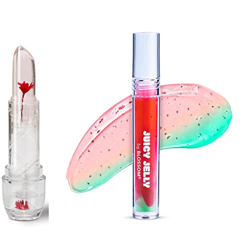Blossom Juicy Jelly Moisturizing Lip Care Fruit Flavored Nourishing Lip Oil + Ph Technology Color Changing Strawberry Scented Crystal Lip Balm 2 Pack Bundle Watermelon/Red