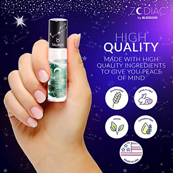 Blossom See No Evil Scented Roll On Cuticle Oil For Nails + Zodiac Sign Vanilla Scented Roll On Lip Gloss With Crystals Made In Usa 2 Pack Bundle Lily/Taurus