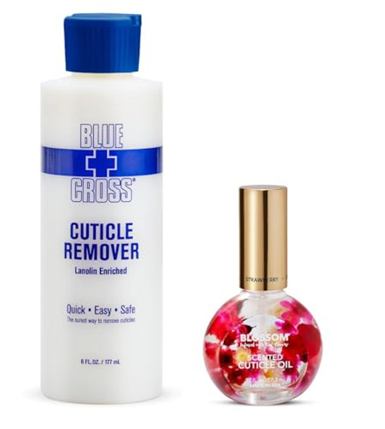 Blossom Hydrating Moisturizing Strengthening Strawberry Scented Cuticle Oil 0.92 Fl Oz + Blue Cross Professional Nail Care Cuticle Remover Liquid 6 Fl Oz 2 Pack Bundle Made In Usa