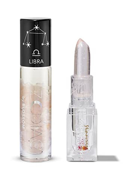 Blossom Zodiac Sign Vanilla Scented Moisturizng Roll On Lip Gloss With Crystals + Ph Technology Color Charnging Shimmering Lip Balm 2 Pack Bundle Libra/Crystal