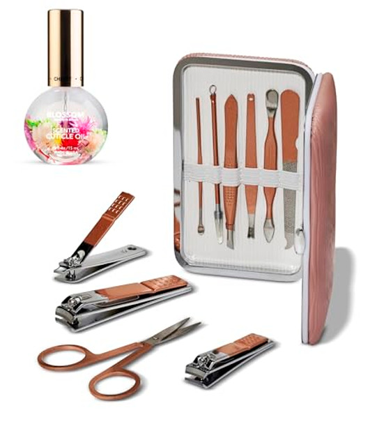 Blossom 10 In 1 Professional Manicure Pedicure + Facial Tools Grooming Kit Stainless Steel Nailcare Nail Clipper Kit With Travel Case + 0.5Oz Cherry Scented Cuticle Oil 2 Pack Bundle