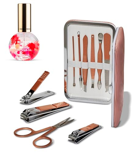 Blossom 10 In 1 Professional Manicure Pedicure + Facial Tools Grooming Kit Stainless Steel Nailcare Nail Clipper Kit With Travel Case + 0.5Oz Rose Scented Cuticle Oil 2 Pack Bundle