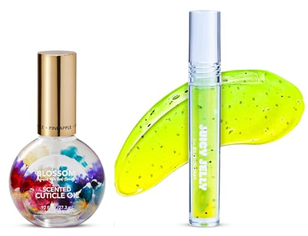 Blossom Hydrating Moisturizing Scented Cuticle Oil (0.92Fl Oz) + Juicy Jelly Fruit Flavored Nourishing Lip Care Lip Oil 2 Pack Bundle Pineapple