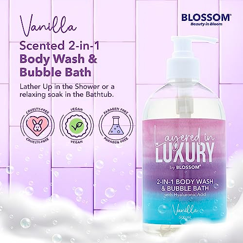 Blossom Layered In Luxury 2-In-1 Scented Body Wash & Bubble Bath With Hyaluronic Acid Liquid Bath Gel Body Cleanser With Pump For Dry Sensitive Skin Men Women + Kids Cruelty   500Ml Vanilla