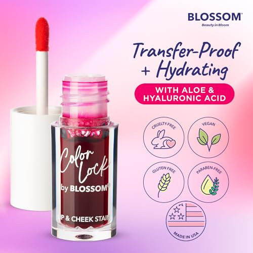 Blossom Color Lock Hydrating Longlasting Buildable Lip Stain And Tint For Lips & Cheek + Fresh Impressions Hyper Pigmented Blendable Cushion Cream Blush Cheek Stamp 2 Pack Blooming Rose/Peony Punch