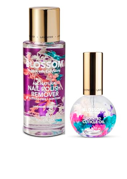 Blossom Hydrating Moisturizing Strengthening Scented Cuticle Oil + All Natural Organic Plant-Based Acetone   Nail Polish Remover Lavender 2 Pack Bundle