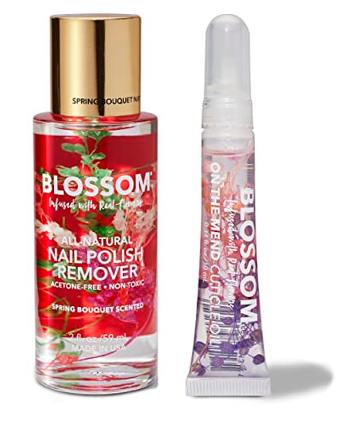 Blossom Hydrating Moisturizing Strengthening Scented Portable Cuticle Oil Tube + All Natural Organic Plant-Based Acetone   Nail Polish Remover Spring Bouquet 2 Pack Bundle