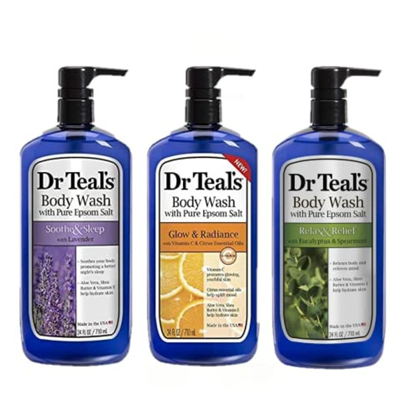 Dr Teal'S Body Wash Variety   Set (3 Bottles24 Oz Ea) - Soothe & SleepGlow & Radiance And Relax & Relief - LavenderCitrus& Eucalyptus Scents - Essential Oils & Epsom Salts For Relaxation