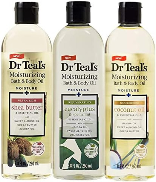 Dr. Teals Bath & Body Oil Variety   Set (3 Pack8.8Oz Ea.) - Rejuvenating EucalyptusUltra Rich Shea Butter& Nourishing Coconut Oil - Essential Oils Hydrate Skin & Alleviate Stress