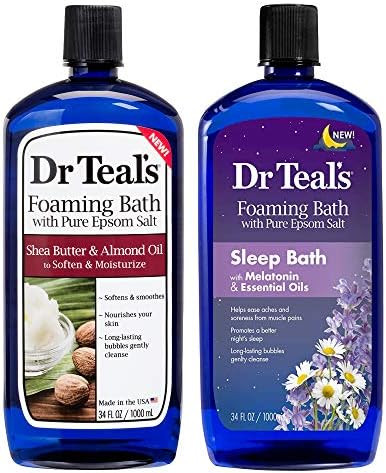 Dr. Teals Foaming Bath Variety   Set (2 Pack34Oz Ea) Shea Butter & Almond OilMelatonin Sleep Bath - Essential Oils Blended With Pure Epsom Salt Eases Achy Muscles & Relieves Stress