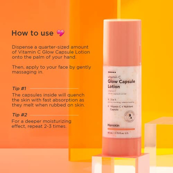 Hanskin Vitamin C Glow Capsule Face Moisturizer  Boost Radiance And Even Skin Tone  With Vitamin B And Niacinamide  Brightening Korean Skin Care  2.7 Fl Oz.