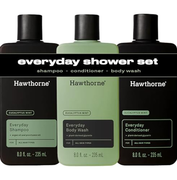 Hawthorne Everyday Shower Starter Set. Includes Everyday Shampoo  Conditioner And Body Wash For A Fresh Daily Clean. Invigorating Eucalyptus Mint Scent. Made With Natural Ingredients. 8 Fl Oz Each.