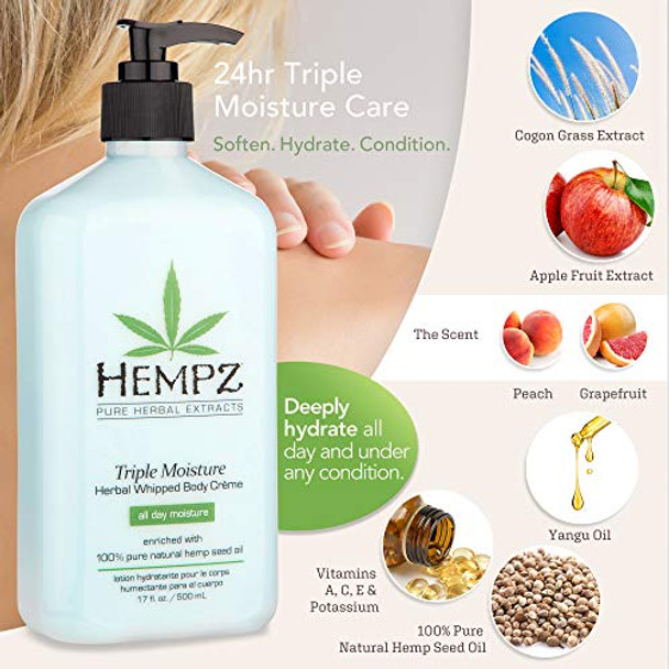 Hempz Natural Triple Moisture Herbal Whipped Body Cream With 100% Pure Hemp Seed Oil For 24-Hour Hydration  Moisturizing Vegan Skin Lotion With Yangu Oil  Peach And Grapefruit  17 Fl Oz (Pack Of 2)