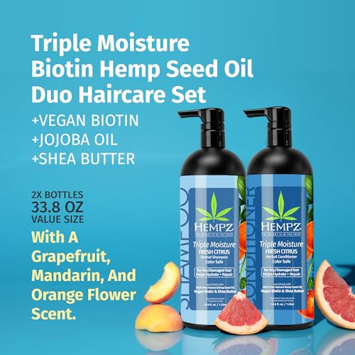 Hempz Hair Shampoo & Conditioner Set - Grapefruit & Peach Scent For Dry  Damaged And Color Treated Hair  Hydrating  Softening  Moisturizing With Biotin Duo Set 33.8 Fl Oz