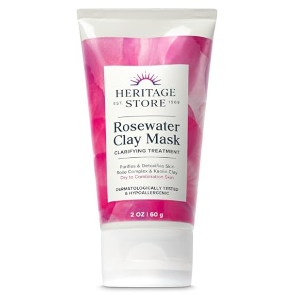 Heritage Store Rosewater Clay Mask Clarifying Treatment - Dry Combination Skin - Purifying Face Mask Deep Cleanses  Detoxifies & Balances W/ Kaolin Clay  Organic Aloe Vera  Hypoallergenic  Vegan  2Oz