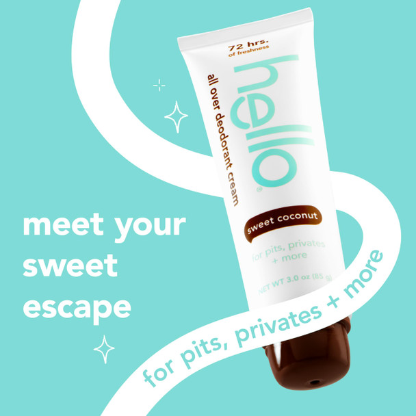 Hello All Over Sweet Coconut Deodorant Cream Aluminum Free Deodorant Cream for Pits Privates + More, Offers 72 Hours of Freshness Safe for Sensitive Skin Vegan 3 Oz