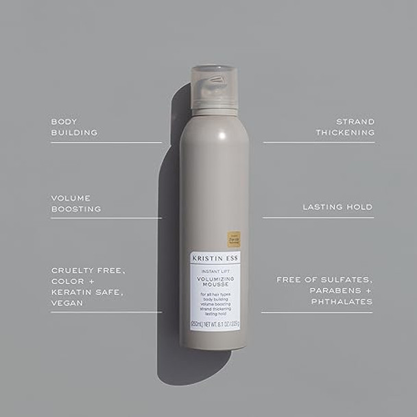 Kristin Ess Hair Instant Lift Volumizing Mousse With Castor Oil - Boosts Volume + Thickens Body Building Lasting Hold Non Sticky For Curly Wavy + Straight Hair 8.1 Oz
