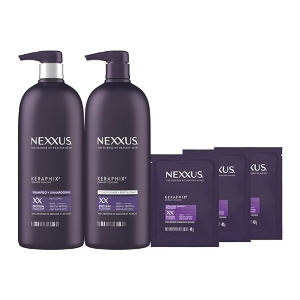 Nexxus Keraphix Shampoo And Conditioner - Damaged Hair Treatment System With Keratin Protein And Black Rice 2 Count & 3 Repair Masks Treatment 33.8 Oz 1.5 Oz 3 Count 5 Count ( Pack Of 1)