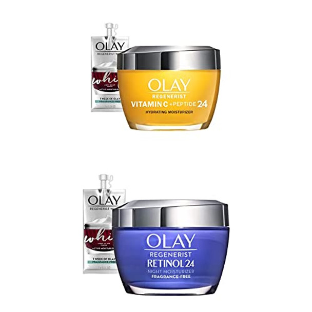 Olay Regenerist Vitamin C + Peptide 24 Brightening Face Moisturizer (1.7 Oz) And Retinol 24 Night Face Moisturizer (1.7 Oz) + 2 Travel Size Whip Face Moisturizers