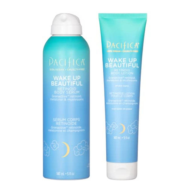Pacifica Wake Up Beautiful Body Lotion & Serum Set Of 2 – Overnight Body Treatment W/Granactive Retinoid Mushroom & Melatonin Hydrating Moisturizer Duo For Plumper Skin Vegan & Cruelty-  Clean