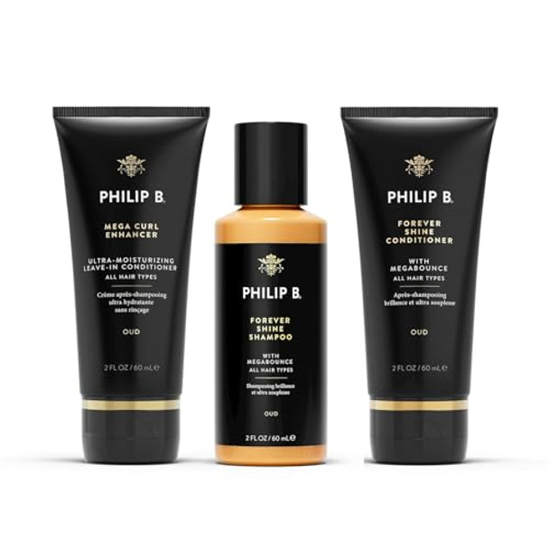 Philip B. Forever Shine Shampoo And Conditioner 2 Oz Each + Mega Curl Enhancer 2Oz - Shampoo And Conditioner Set With Notes Of Pure Oud