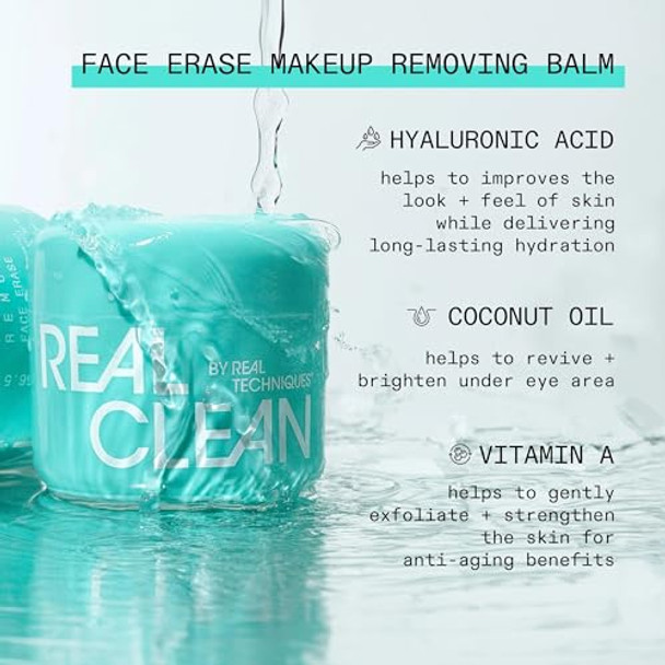 Real Techniques Real Clean Face Erase Makeup Removing Balm Hydrating Makeup Cleansing Balm Remove Stubborn Makeup Hyaluronic Acid Moisturizes & Vitamin A Helps Exfoliate 2 Fl. Oz Jar