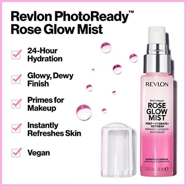 Revlon Photoready Rose Glow Mist Face Primer Prep Hydrate & Refresh Spray With Sheer Coverage Infused With Nourishing Oils And Super Fruit Complex 1.2 Fl Oz