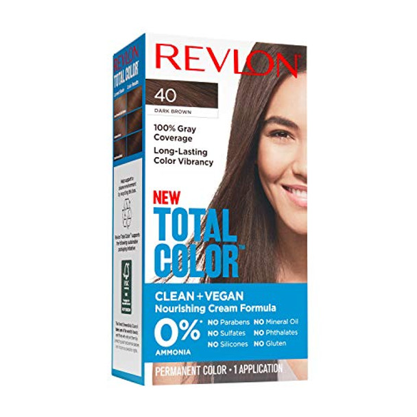Revlon Permanent Hair Color Permanent Hair Dye Total Color With 100% Gray Coverage Clean & Vegan 40 Dark Brown 3.5 Oz