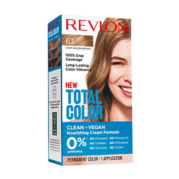Revlon Permanent Hair Color Permanent Hair Dye Total Color With 100% Gray Coverage Clean & Vegan 63 Light Golden Brown 3.5 Oz