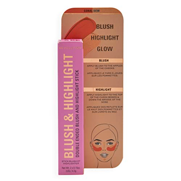 Makeup Revolution- Blush & Highlight Stick- Coral Dew   Creamy Blendable Matte Blush   Highlighter To Lift The Cheeks   Add Dimension & Create Shadows - 4.3 G